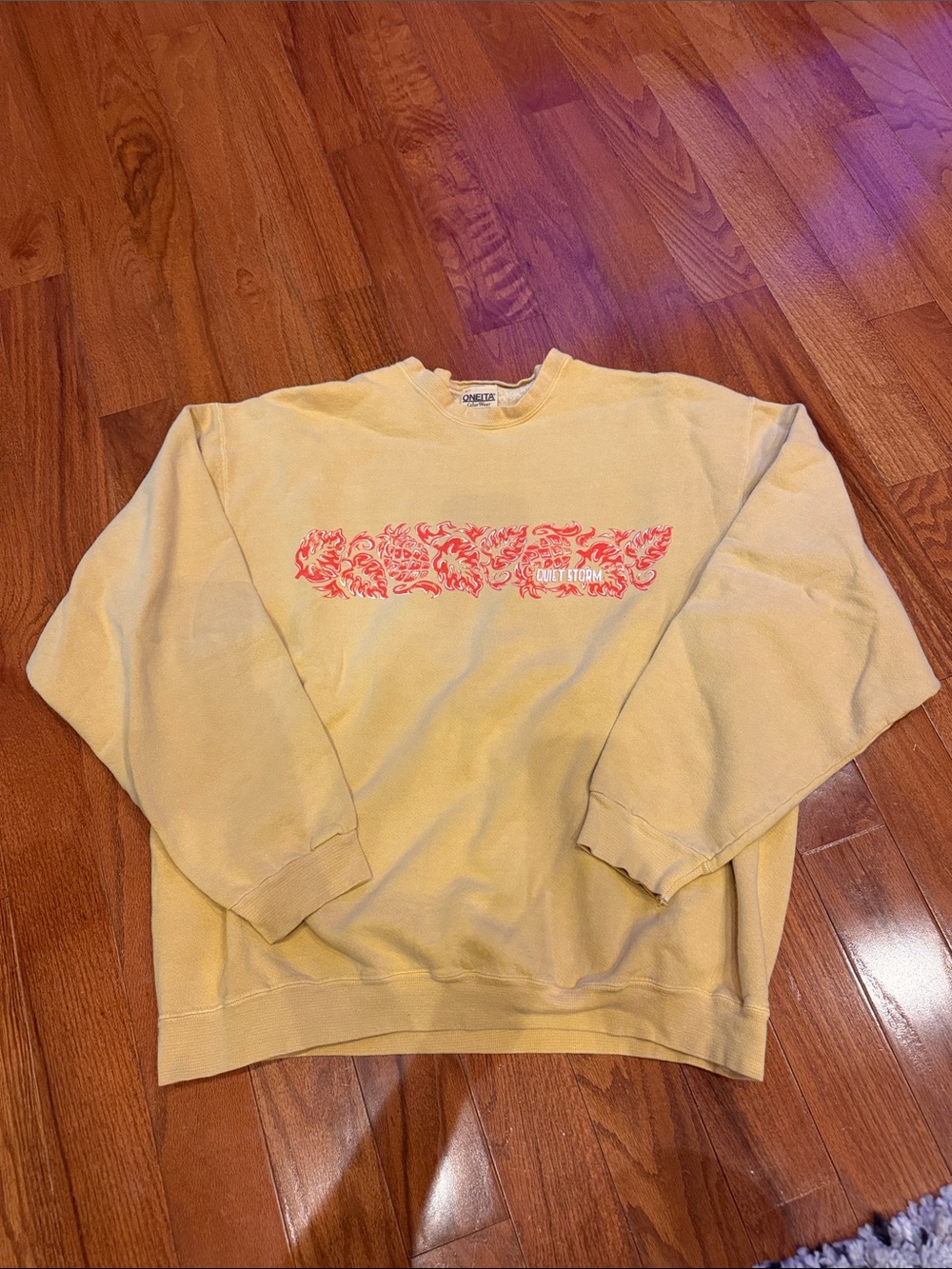 Quiet Storm Men's Cream Crewneck Sweatshirt with Pink Chest Graphic